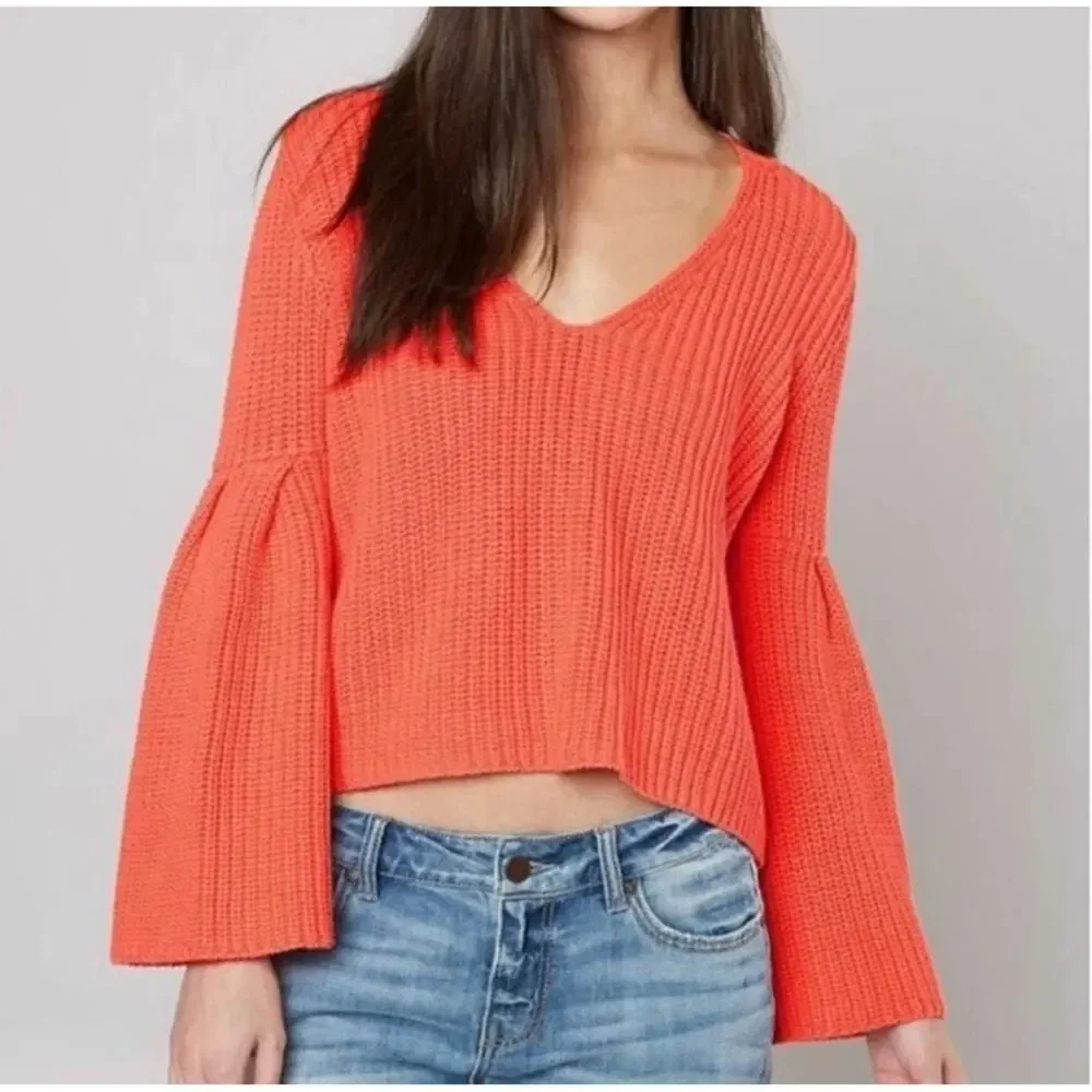 Free People Damsel Knit Bell‎ Sleeve Pullover Sweater Coral Size Small